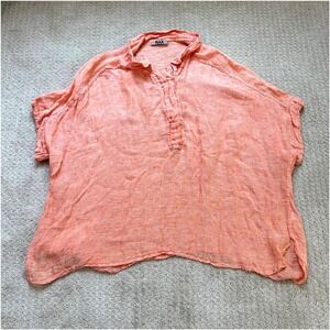 FLAX Linen Top 3G Plus Orange Short Sleeve Boxy Oversized Pullover Blouse Shirt